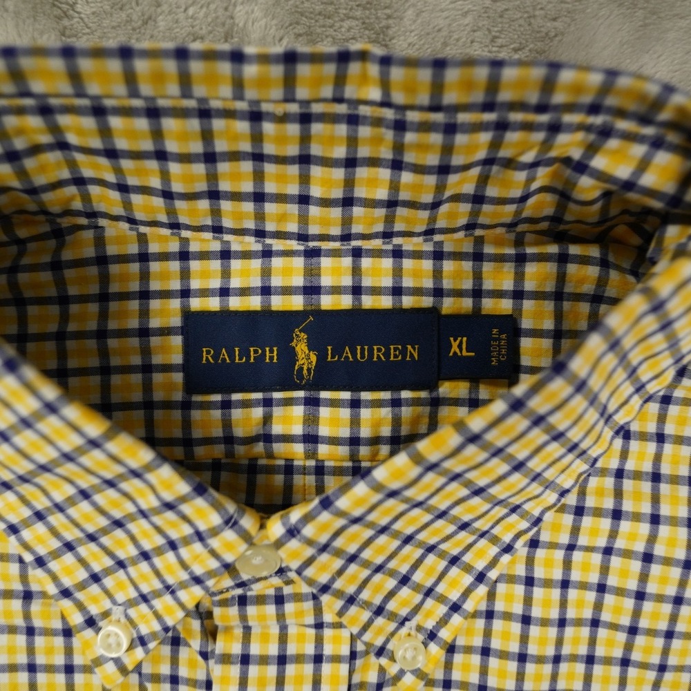 Ralph Lauren Button Up Shirt Men's XL Navy Blue Yellow Plaid Long Sleeve Preppy - Picture 2 of 8